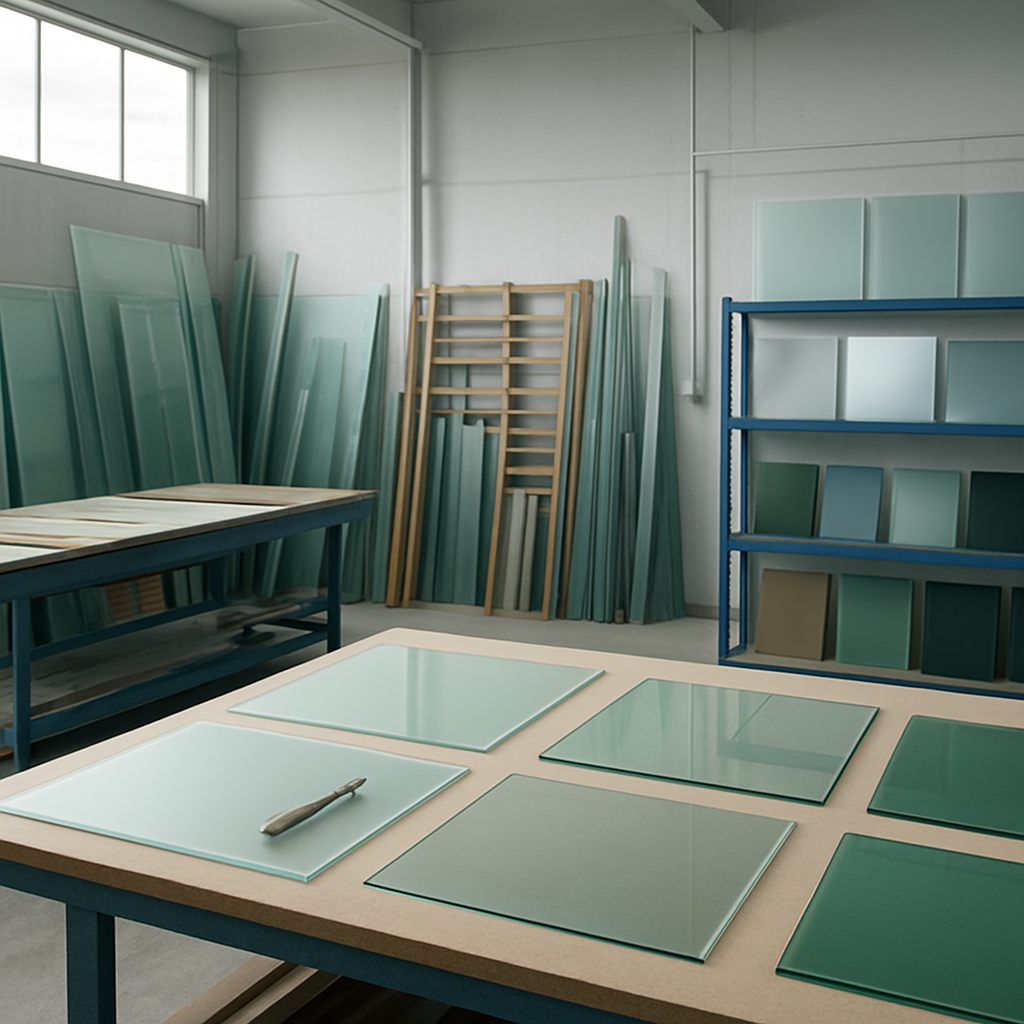 East Coast Glass & Glazing workshop showing glass panels and professional tools