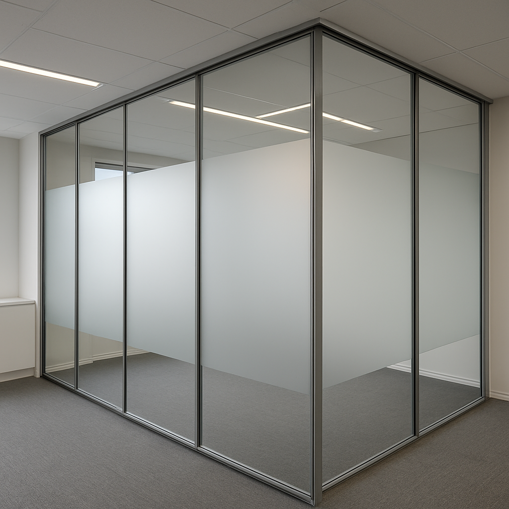 Modern office space with sleek frameless glass partition wall