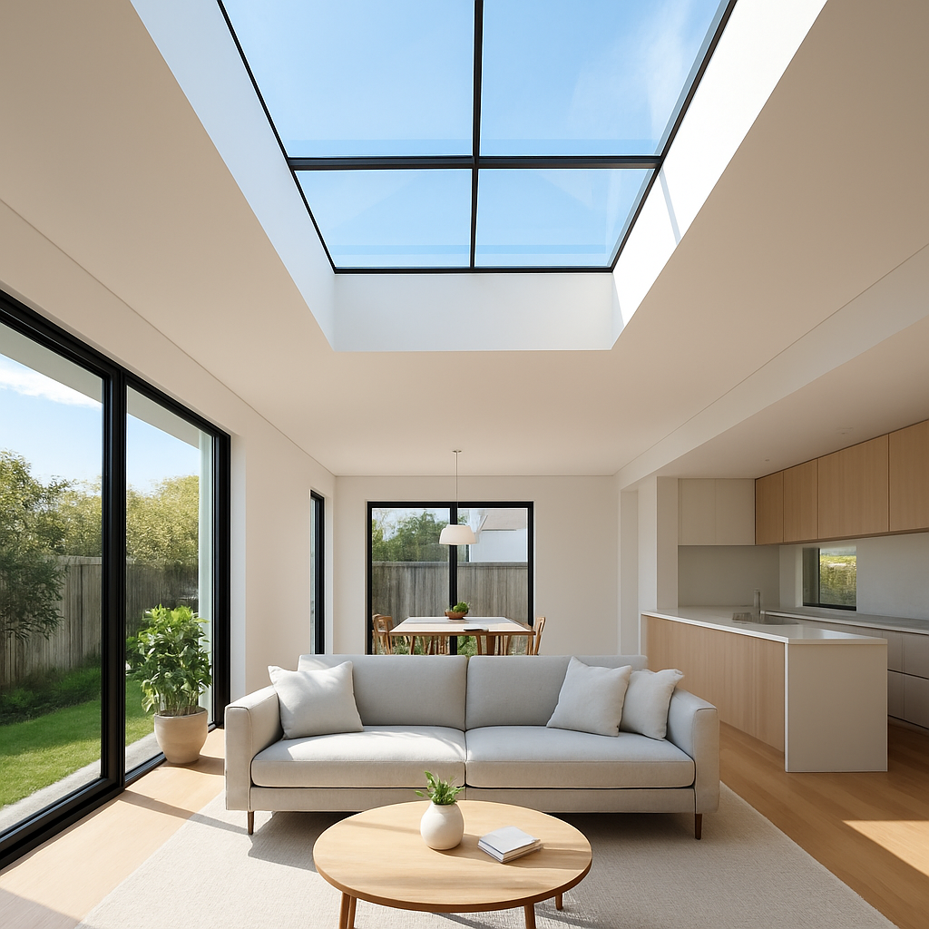 Modern Australian home interior with a glass skylight flooding the room with sunlight