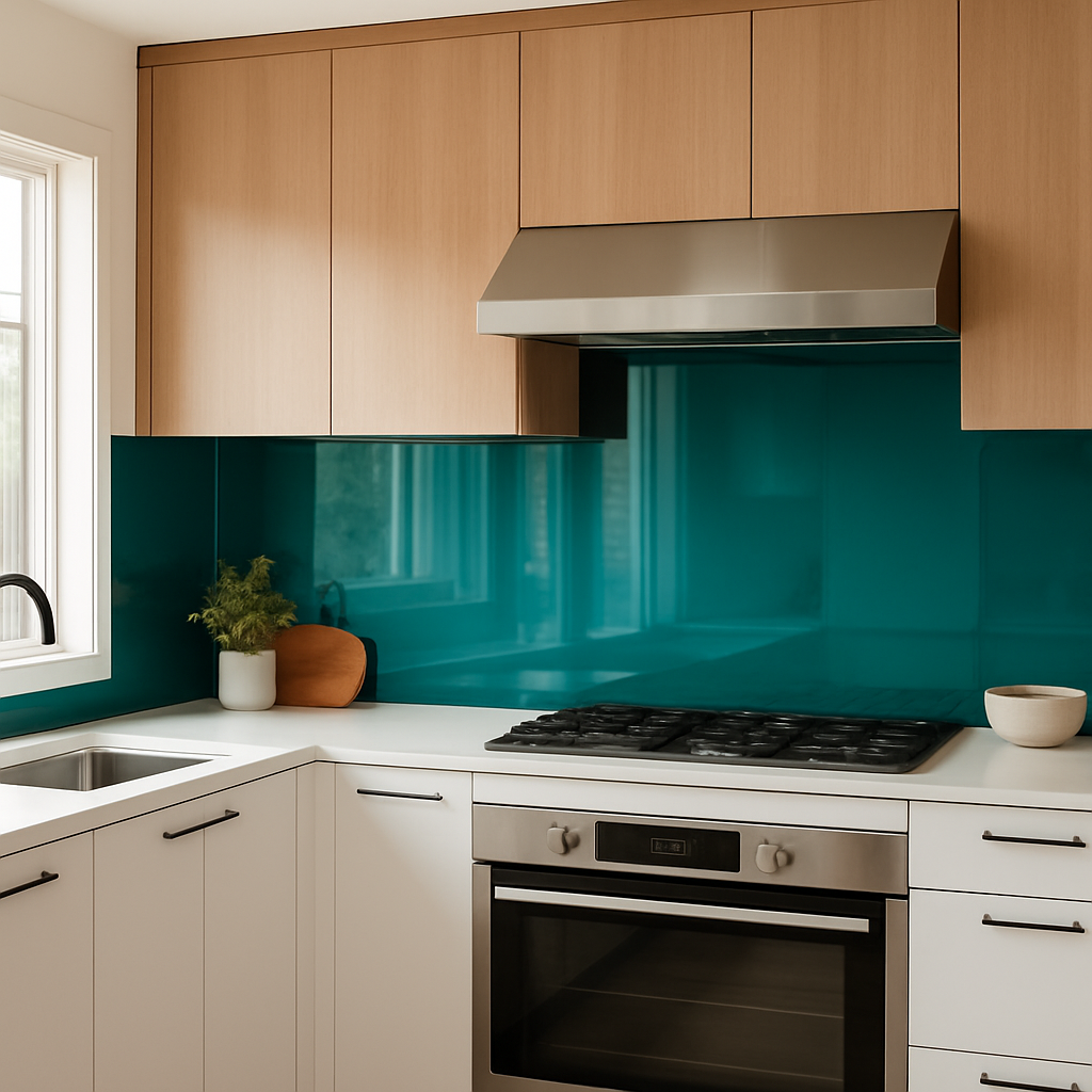 Modern kitchen featuring a deep teal custom glass splashback